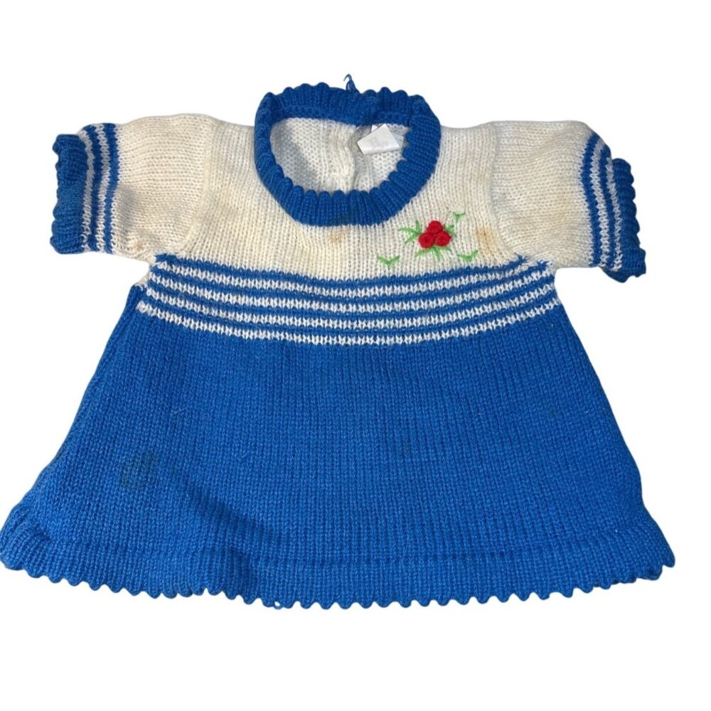 Vintage Baby Doll Dress Knit Blue & Cream Red Floral Embroidery Made In Korea